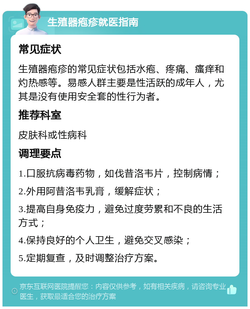 生殖器疱疹就医指南 常见症状 生殖器疱疹的常见症状包括水疱、疼痛、瘙痒和灼热感等。易感人群主要是性活跃的成年人，尤其是没有使用安全套的性行为者。 推荐科室 皮肤科或性病科 调理要点 1.口服抗病毒药物，如伐昔洛韦片，控制病情； 2.外用阿昔洛韦乳膏，缓解症状； 3.提高自身免疫力，避免过度劳累和不良的生活方式； 4.保持良好的个人卫生，避免交叉感染； 5.定期复查，及时调整治疗方案。