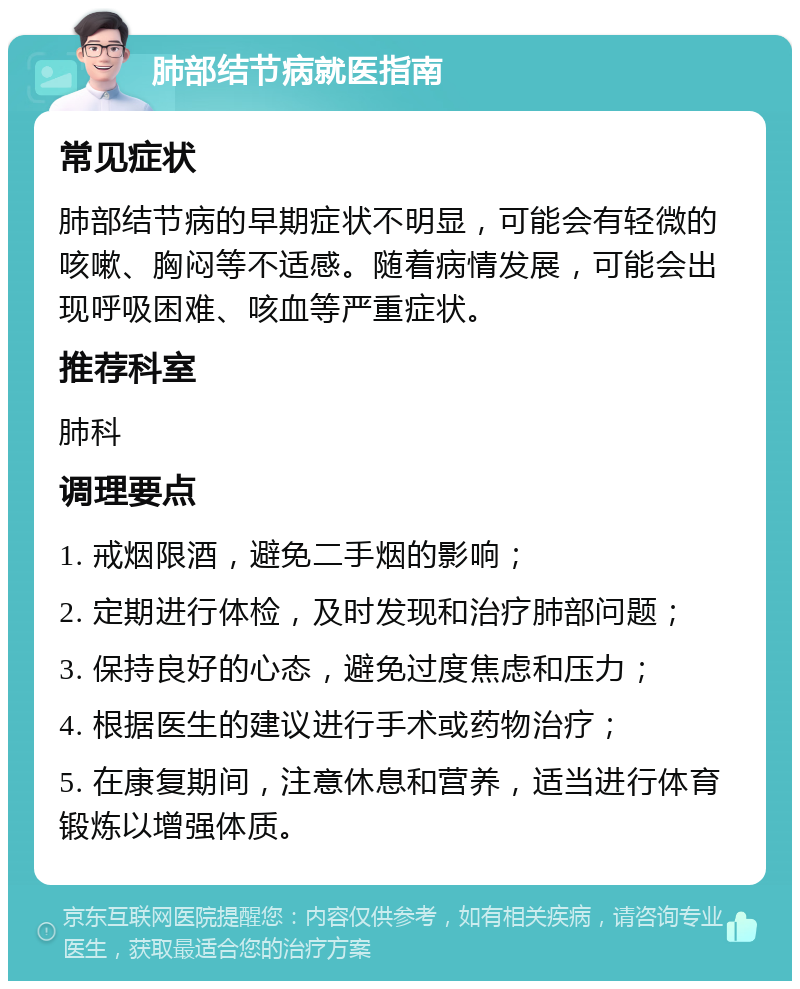 肺部结节病就医指南 常见症状 肺部结节病的早期症状不明显，可能会有轻微的咳嗽、胸闷等不适感。随着病情发展，可能会出现呼吸困难、咳血等严重症状。 推荐科室 肺科 调理要点 1. 戒烟限酒，避免二手烟的影响； 2. 定期进行体检，及时发现和治疗肺部问题； 3. 保持良好的心态，避免过度焦虑和压力； 4. 根据医生的建议进行手术或药物治疗； 5. 在康复期间，注意休息和营养，适当进行体育锻炼以增强体质。