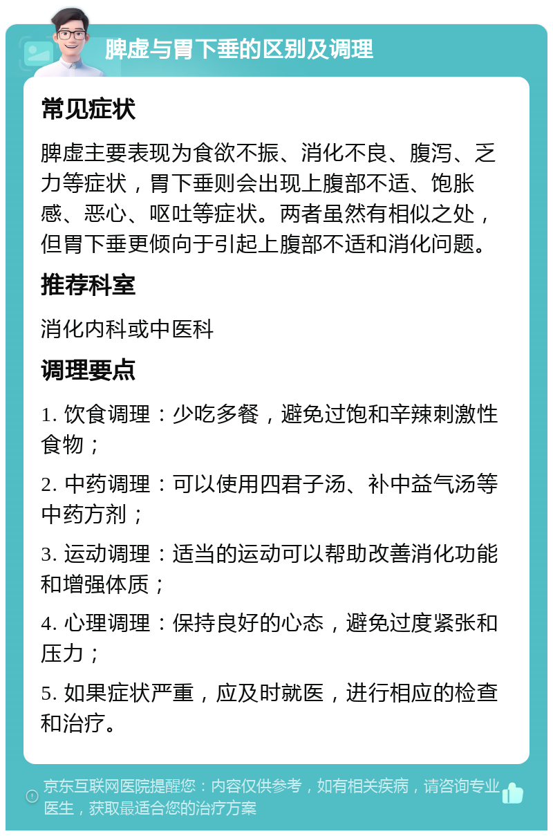 脾虚与胃下垂的区别及调理 常见症状 脾虚主要表现为食欲不振、消化不良、腹泻、乏力等症状，胃下垂则会出现上腹部不适、饱胀感、恶心、呕吐等症状。两者虽然有相似之处，但胃下垂更倾向于引起上腹部不适和消化问题。 推荐科室 消化内科或中医科 调理要点 1. 饮食调理：少吃多餐，避免过饱和辛辣刺激性食物； 2. 中药调理：可以使用四君子汤、补中益气汤等中药方剂； 3. 运动调理：适当的运动可以帮助改善消化功能和增强体质； 4. 心理调理：保持良好的心态，避免过度紧张和压力； 5. 如果症状严重，应及时就医，进行相应的检查和治疗。