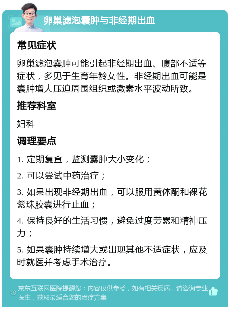 卵巢滤泡囊肿与非经期出血 常见症状 卵巢滤泡囊肿可能引起非经期出血、腹部不适等症状，多见于生育年龄女性。非经期出血可能是囊肿增大压迫周围组织或激素水平波动所致。 推荐科室 妇科 调理要点 1. 定期复查，监测囊肿大小变化； 2. 可以尝试中药治疗； 3. 如果出现非经期出血，可以服用黄体酮和裸花紫珠胶囊进行止血； 4. 保持良好的生活习惯，避免过度劳累和精神压力； 5. 如果囊肿持续增大或出现其他不适症状，应及时就医并考虑手术治疗。