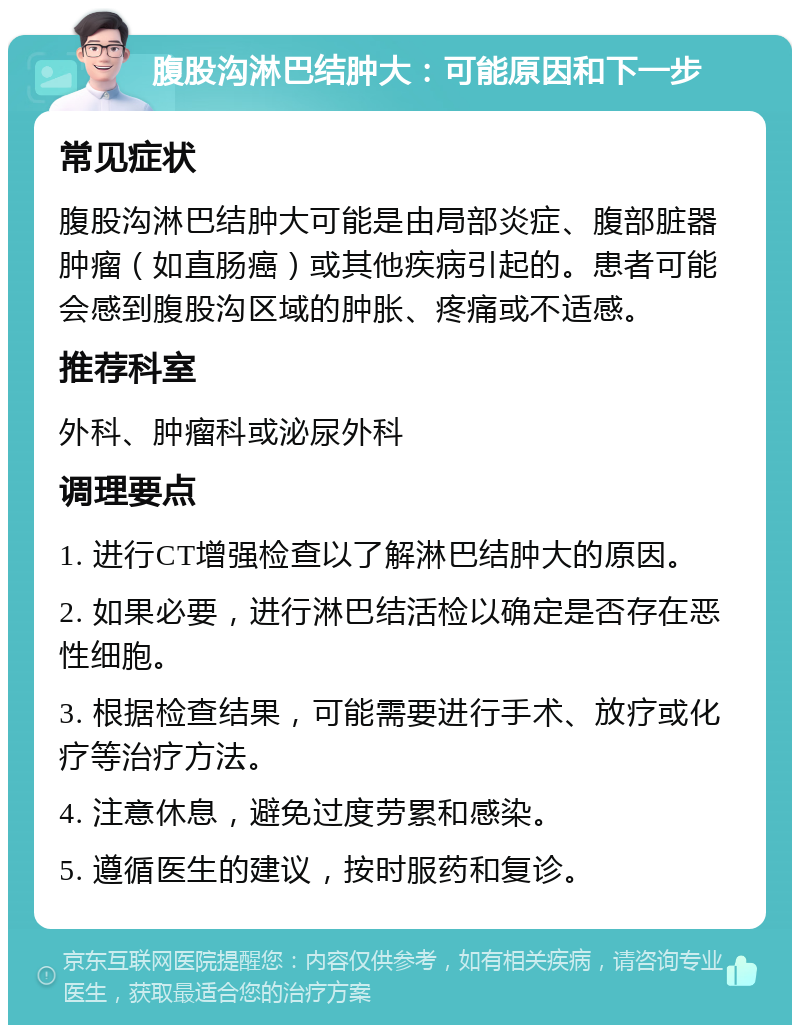 腹股沟淋巴结肿大：可能原因和下一步 常见症状 腹股沟淋巴结肿大可能是由局部炎症、腹部脏器肿瘤（如直肠癌）或其他疾病引起的。患者可能会感到腹股沟区域的肿胀、疼痛或不适感。 推荐科室 外科、肿瘤科或泌尿外科 调理要点 1. 进行CT增强检查以了解淋巴结肿大的原因。 2. 如果必要，进行淋巴结活检以确定是否存在恶性细胞。 3. 根据检查结果，可能需要进行手术、放疗或化疗等治疗方法。 4. 注意休息，避免过度劳累和感染。 5. 遵循医生的建议，按时服药和复诊。