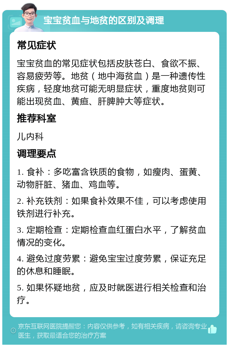 宝宝贫血与地贫的区别及调理 常见症状 宝宝贫血的常见症状包括皮肤苍白、食欲不振、容易疲劳等。地贫（地中海贫血）是一种遗传性疾病，轻度地贫可能无明显症状，重度地贫则可能出现贫血、黄疸、肝脾肿大等症状。 推荐科室 儿内科 调理要点 1. 食补：多吃富含铁质的食物，如瘦肉、蛋黄、动物肝脏、猪血、鸡血等。 2. 补充铁剂：如果食补效果不佳，可以考虑使用铁剂进行补充。 3. 定期检查：定期检查血红蛋白水平，了解贫血情况的变化。 4. 避免过度劳累：避免宝宝过度劳累，保证充足的休息和睡眠。 5. 如果怀疑地贫，应及时就医进行相关检查和治疗。