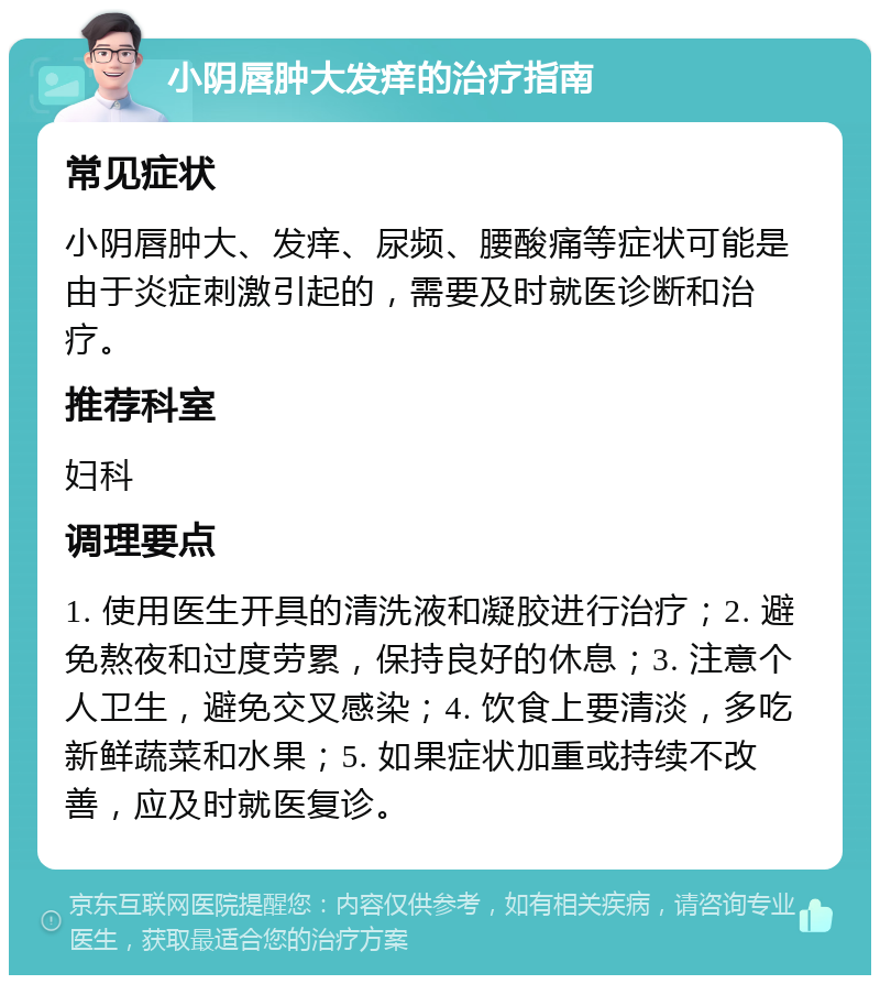 小阴唇肿大发痒的治疗指南 常见症状 小阴唇肿大、发痒、尿频、腰酸痛等症状可能是由于炎症刺激引起的，需要及时就医诊断和治疗。 推荐科室 妇科 调理要点 1. 使用医生开具的清洗液和凝胶进行治疗；2. 避免熬夜和过度劳累，保持良好的休息；3. 注意个人卫生，避免交叉感染；4. 饮食上要清淡，多吃新鲜蔬菜和水果；5. 如果症状加重或持续不改善，应及时就医复诊。