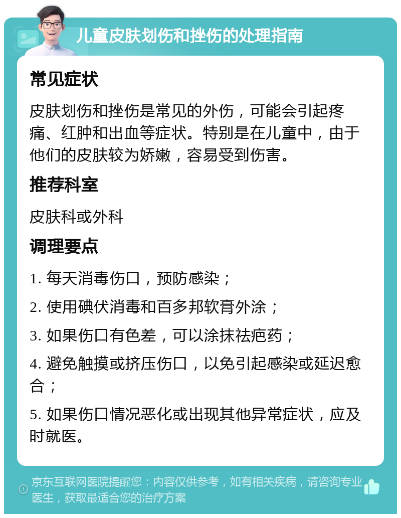 儿童皮肤划伤和挫伤的处理指南 常见症状 皮肤划伤和挫伤是常见的外伤，可能会引起疼痛、红肿和出血等症状。特别是在儿童中，由于他们的皮肤较为娇嫩，容易受到伤害。 推荐科室 皮肤科或外科 调理要点 1. 每天消毒伤口，预防感染； 2. 使用碘伏消毒和百多邦软膏外涂； 3. 如果伤口有色差，可以涂抹祛疤药； 4. 避免触摸或挤压伤口，以免引起感染或延迟愈合； 5. 如果伤口情况恶化或出现其他异常症状，应及时就医。