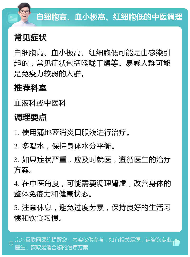 白细胞高、血小板高、红细胞低的中医调理 常见症状 白细胞高、血小板高、红细胞低可能是由感染引起的，常见症状包括喉咙干燥等。易感人群可能是免疫力较弱的人群。 推荐科室 血液科或中医科 调理要点 1. 使用蒲地蓝消炎口服液进行治疗。 2. 多喝水，保持身体水分平衡。 3. 如果症状严重，应及时就医，遵循医生的治疗方案。 4. 在中医角度，可能需要调理肾虚，改善身体的整体免疫力和健康状态。 5. 注意休息，避免过度劳累，保持良好的生活习惯和饮食习惯。