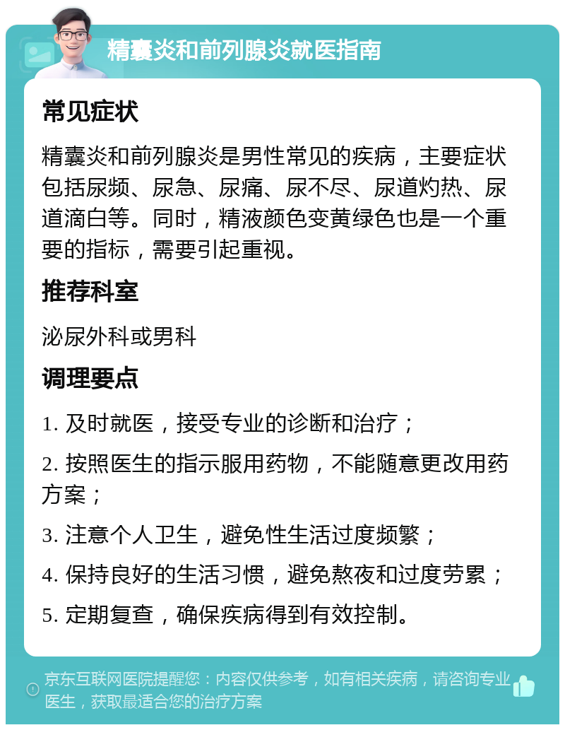 精囊炎和前列腺炎就医指南 常见症状 精囊炎和前列腺炎是男性常见的疾病，主要症状包括尿频、尿急、尿痛、尿不尽、尿道灼热、尿道滴白等。同时，精液颜色变黄绿色也是一个重要的指标，需要引起重视。 推荐科室 泌尿外科或男科 调理要点 1. 及时就医，接受专业的诊断和治疗； 2. 按照医生的指示服用药物，不能随意更改用药方案； 3. 注意个人卫生，避免性生活过度频繁； 4. 保持良好的生活习惯，避免熬夜和过度劳累； 5. 定期复查，确保疾病得到有效控制。