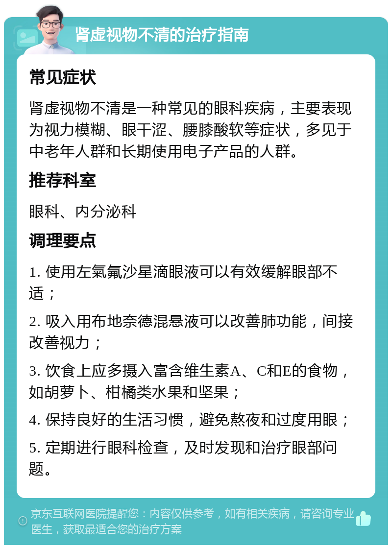 肾虚视物不清的治疗指南 常见症状 肾虚视物不清是一种常见的眼科疾病，主要表现为视力模糊、眼干涩、腰膝酸软等症状，多见于中老年人群和长期使用电子产品的人群。 推荐科室 眼科、内分泌科 调理要点 1. 使用左氣氟沙星滴眼液可以有效缓解眼部不适； 2. 吸入用布地奈德混悬液可以改善肺功能，间接改善视力； 3. 饮食上应多摄入富含维生素A、C和E的食物，如胡萝卜、柑橘类水果和坚果； 4. 保持良好的生活习惯，避免熬夜和过度用眼； 5. 定期进行眼科检查，及时发现和治疗眼部问题。