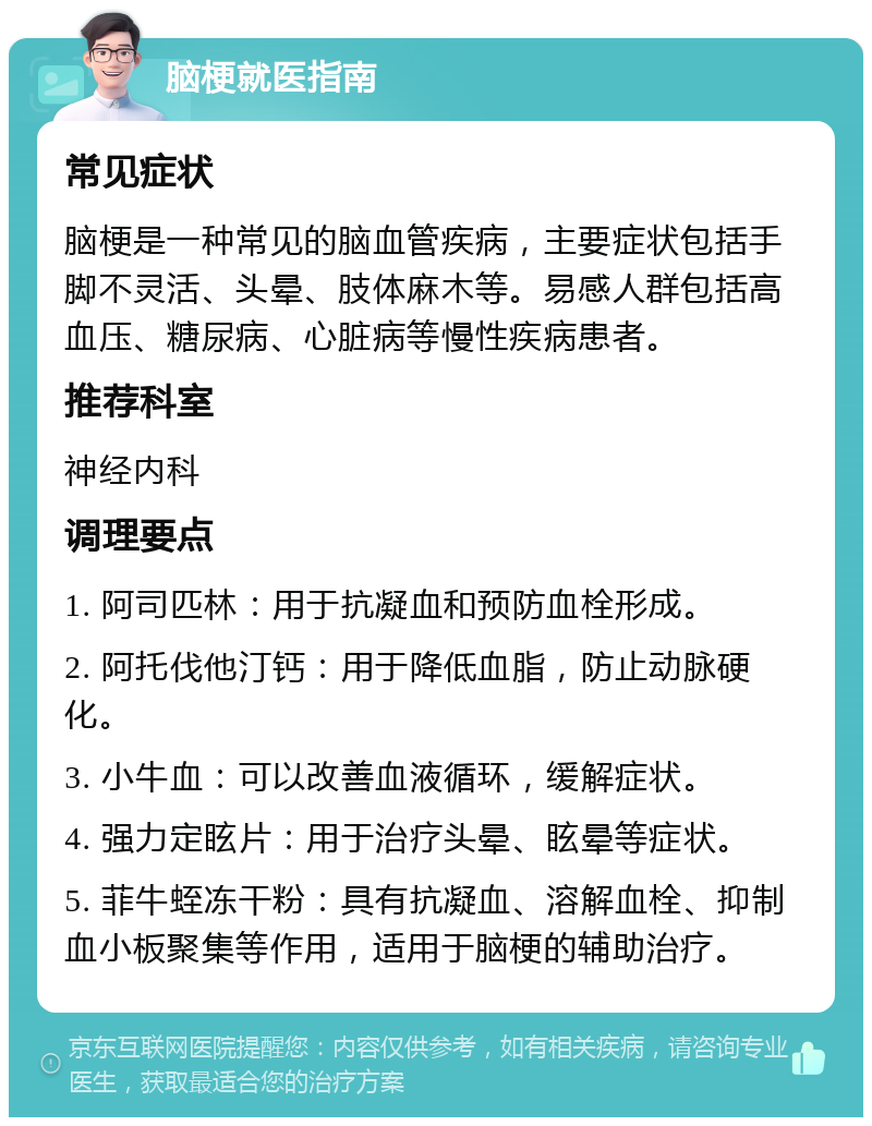 脑梗就医指南 常见症状 脑梗是一种常见的脑血管疾病，主要症状包括手脚不灵活、头晕、肢体麻木等。易感人群包括高血压、糖尿病、心脏病等慢性疾病患者。 推荐科室 神经内科 调理要点 1. 阿司匹林：用于抗凝血和预防血栓形成。 2. 阿托伐他汀钙：用于降低血脂，防止动脉硬化。 3. 小牛血：可以改善血液循环，缓解症状。 4. 强力定眩片：用于治疗头晕、眩晕等症状。 5. 菲牛蛭冻干粉：具有抗凝血、溶解血栓、抑制血小板聚集等作用，适用于脑梗的辅助治疗。