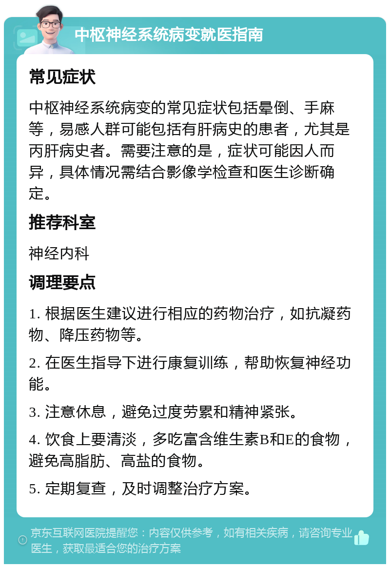 中枢神经系统病变就医指南 常见症状 中枢神经系统病变的常见症状包括晕倒、手麻等，易感人群可能包括有肝病史的患者，尤其是丙肝病史者。需要注意的是，症状可能因人而异，具体情况需结合影像学检查和医生诊断确定。 推荐科室 神经内科 调理要点 1. 根据医生建议进行相应的药物治疗，如抗凝药物、降压药物等。 2. 在医生指导下进行康复训练，帮助恢复神经功能。 3. 注意休息，避免过度劳累和精神紧张。 4. 饮食上要清淡，多吃富含维生素B和E的食物，避免高脂肪、高盐的食物。 5. 定期复查，及时调整治疗方案。