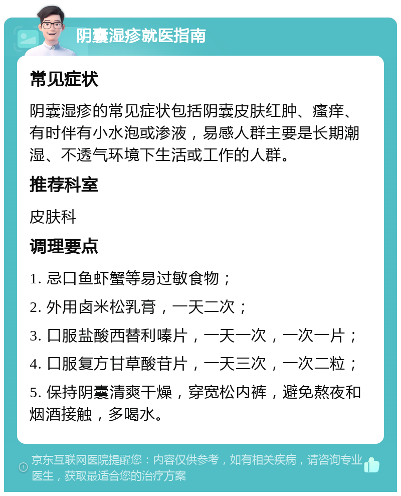 阴囊湿疹就医指南 常见症状 阴囊湿疹的常见症状包括阴囊皮肤红肿、瘙痒、有时伴有小水泡或渗液，易感人群主要是长期潮湿、不透气环境下生活或工作的人群。 推荐科室 皮肤科 调理要点 1. 忌口鱼虾蟹等易过敏食物； 2. 外用卤米松乳膏，一天二次； 3. 口服盐酸西替利嗪片，一天一次，一次一片； 4. 口服复方甘草酸苷片，一天三次，一次二粒； 5. 保持阴囊清爽干燥，穿宽松内裤，避免熬夜和烟酒接触，多喝水。