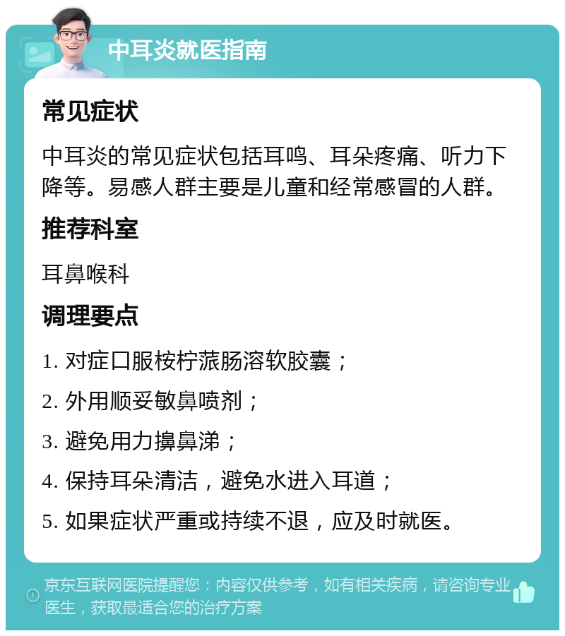 中耳炎就医指南 常见症状 中耳炎的常见症状包括耳鸣、耳朵疼痛、听力下降等。易感人群主要是儿童和经常感冒的人群。 推荐科室 耳鼻喉科 调理要点 1. 对症口服桉柠蒎肠溶软胶囊； 2. 外用顺妥敏鼻喷剂； 3. 避免用力擤鼻涕； 4. 保持耳朵清洁，避免水进入耳道； 5. 如果症状严重或持续不退，应及时就医。