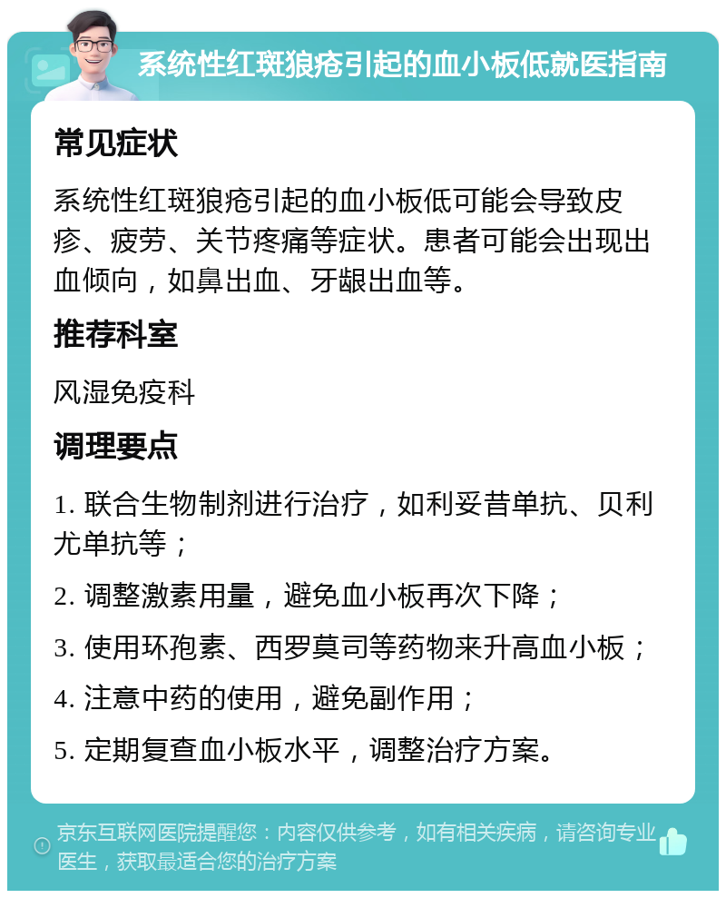 系统性红斑狼疮引起的血小板低就医指南 常见症状 系统性红斑狼疮引起的血小板低可能会导致皮疹、疲劳、关节疼痛等症状。患者可能会出现出血倾向，如鼻出血、牙龈出血等。 推荐科室 风湿免疫科 调理要点 1. 联合生物制剂进行治疗，如利妥昔单抗、贝利尤单抗等； 2. 调整激素用量，避免血小板再次下降； 3. 使用环孢素、西罗莫司等药物来升高血小板； 4. 注意中药的使用，避免副作用； 5. 定期复查血小板水平，调整治疗方案。