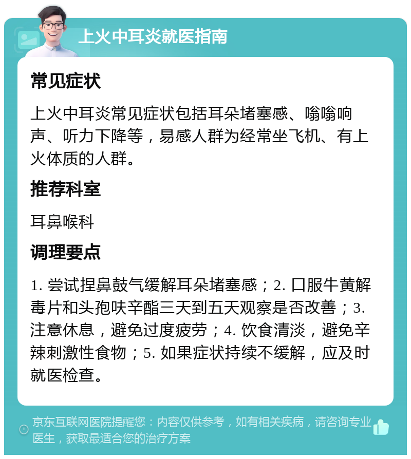 上火中耳炎就医指南 常见症状 上火中耳炎常见症状包括耳朵堵塞感、嗡嗡响声、听力下降等，易感人群为经常坐飞机、有上火体质的人群。 推荐科室 耳鼻喉科 调理要点 1. 尝试捏鼻鼓气缓解耳朵堵塞感；2. 口服牛黄解毒片和头孢呋辛酯三天到五天观察是否改善；3. 注意休息，避免过度疲劳；4. 饮食清淡，避免辛辣刺激性食物；5. 如果症状持续不缓解，应及时就医检查。