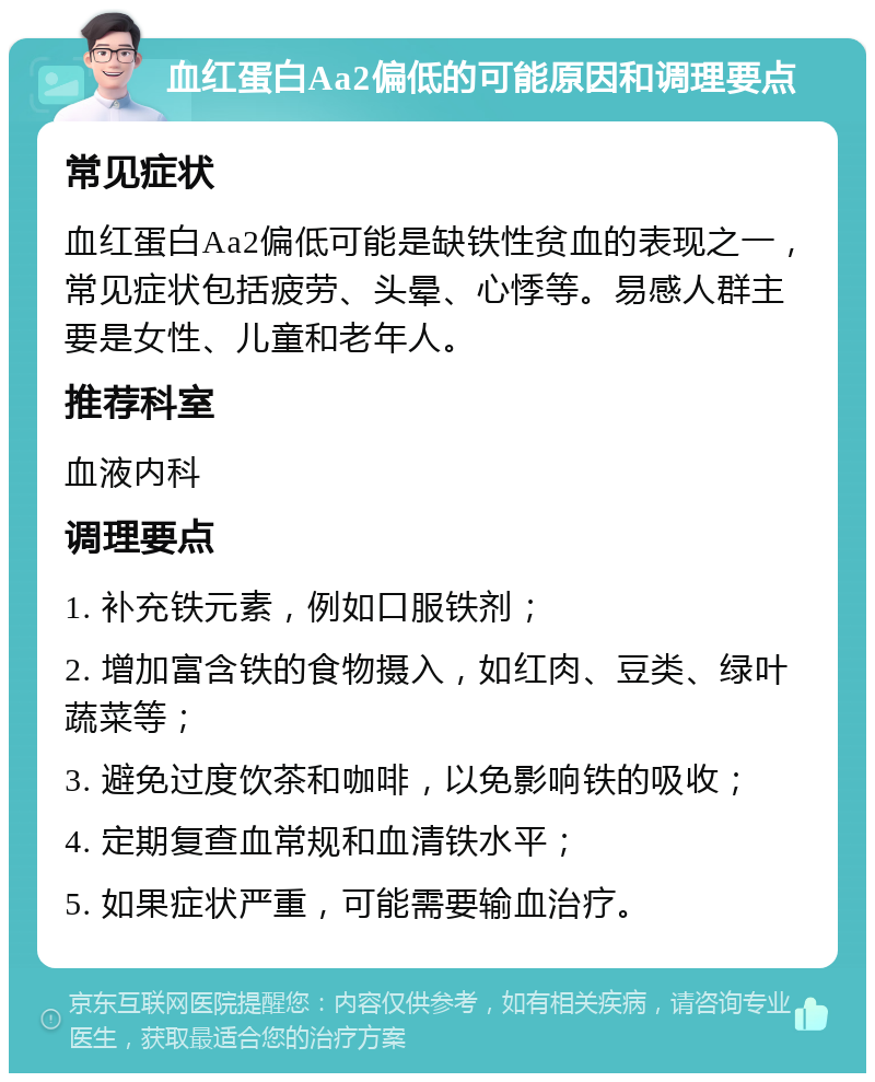 血红蛋白Aa2偏低的可能原因和调理要点 常见症状 血红蛋白Aa2偏低可能是缺铁性贫血的表现之一，常见症状包括疲劳、头晕、心悸等。易感人群主要是女性、儿童和老年人。 推荐科室 血液内科 调理要点 1. 补充铁元素，例如口服铁剂； 2. 增加富含铁的食物摄入，如红肉、豆类、绿叶蔬菜等； 3. 避免过度饮茶和咖啡，以免影响铁的吸收； 4. 定期复查血常规和血清铁水平； 5. 如果症状严重，可能需要输血治疗。