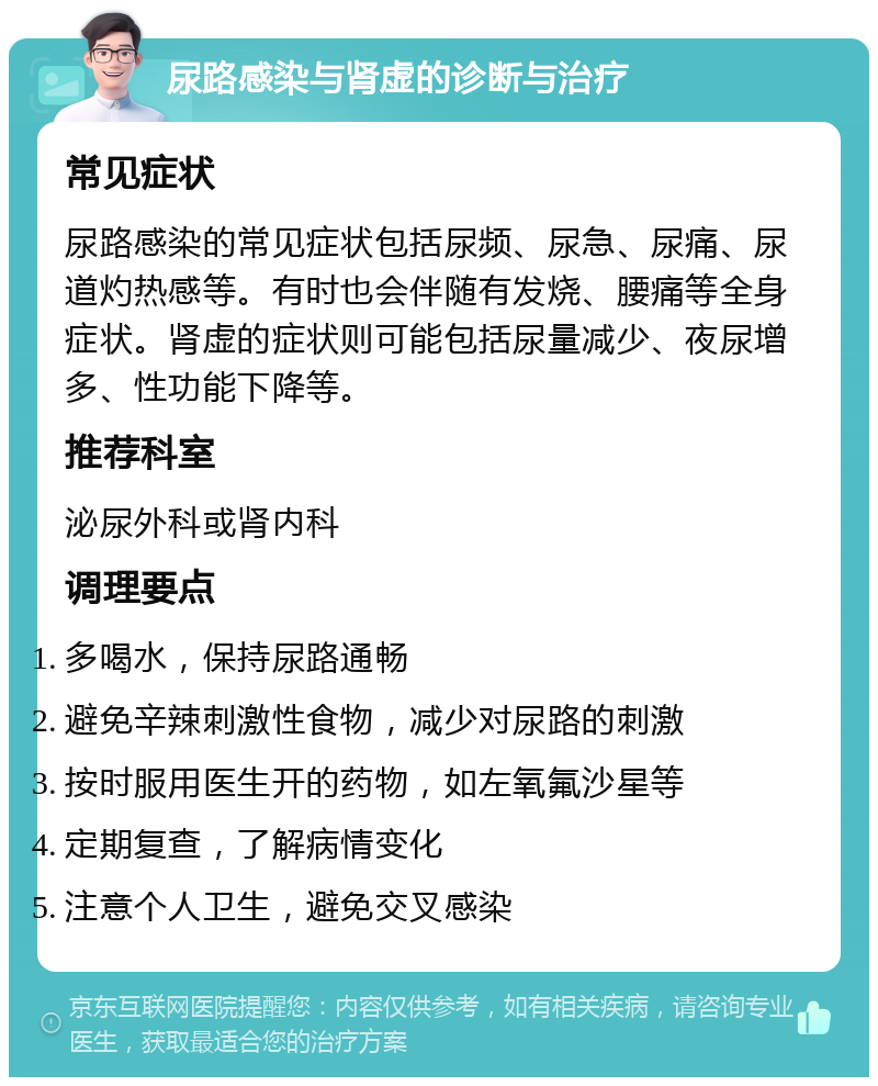 尿路感染与肾虚的诊断与治疗 常见症状 尿路感染的常见症状包括尿频、尿急、尿痛、尿道灼热感等。有时也会伴随有发烧、腰痛等全身症状。肾虚的症状则可能包括尿量减少、夜尿增多、性功能下降等。 推荐科室 泌尿外科或肾内科 调理要点 多喝水，保持尿路通畅 避免辛辣刺激性食物，减少对尿路的刺激 按时服用医生开的药物，如左氧氟沙星等 定期复查，了解病情变化 注意个人卫生，避免交叉感染