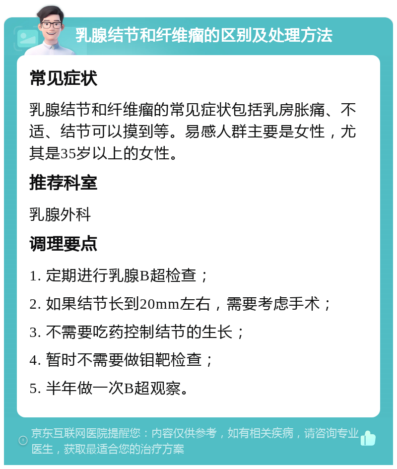 乳腺结节和纤维瘤的区别及处理方法 常见症状 乳腺结节和纤维瘤的常见症状包括乳房胀痛、不适、结节可以摸到等。易感人群主要是女性，尤其是35岁以上的女性。 推荐科室 乳腺外科 调理要点 1. 定期进行乳腺B超检查； 2. 如果结节长到20mm左右，需要考虑手术； 3. 不需要吃药控制结节的生长； 4. 暂时不需要做钼靶检查； 5. 半年做一次B超观察。