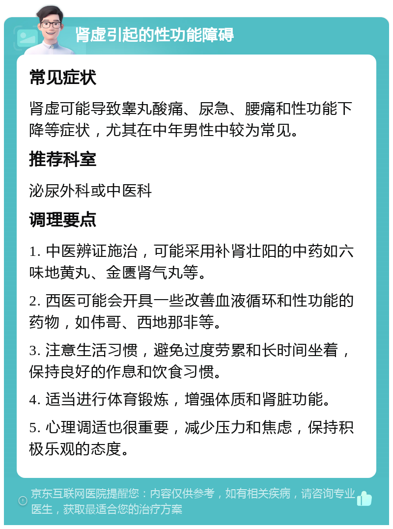 肾虚引起的性功能障碍 常见症状 肾虚可能导致睾丸酸痛、尿急、腰痛和性功能下降等症状，尤其在中年男性中较为常见。 推荐科室 泌尿外科或中医科 调理要点 1. 中医辨证施治，可能采用补肾壮阳的中药如六味地黄丸、金匮肾气丸等。 2. 西医可能会开具一些改善血液循环和性功能的药物，如伟哥、西地那非等。 3. 注意生活习惯，避免过度劳累和长时间坐着，保持良好的作息和饮食习惯。 4. 适当进行体育锻炼，增强体质和肾脏功能。 5. 心理调适也很重要，减少压力和焦虑，保持积极乐观的态度。