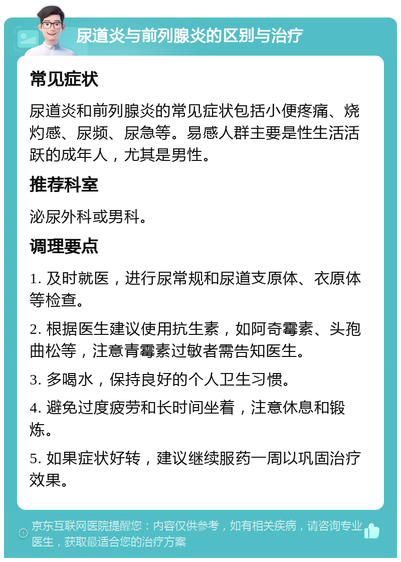 尿道炎与前列腺炎的区别与治疗 常见症状 尿道炎和前列腺炎的常见症状包括小便疼痛、烧灼感、尿频、尿急等。易感人群主要是性生活活跃的成年人，尤其是男性。 推荐科室 泌尿外科或男科。 调理要点 1. 及时就医，进行尿常规和尿道支原体、衣原体等检查。 2. 根据医生建议使用抗生素，如阿奇霉素、头孢曲松等，注意青霉素过敏者需告知医生。 3. 多喝水，保持良好的个人卫生习惯。 4. 避免过度疲劳和长时间坐着，注意休息和锻炼。 5. 如果症状好转，建议继续服药一周以巩固治疗效果。