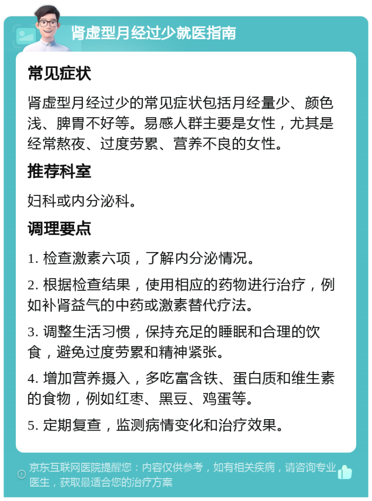 肾虚型月经过少就医指南 常见症状 肾虚型月经过少的常见症状包括月经量少、颜色浅、脾胃不好等。易感人群主要是女性，尤其是经常熬夜、过度劳累、营养不良的女性。 推荐科室 妇科或内分泌科。 调理要点 1. 检查激素六项，了解内分泌情况。 2. 根据检查结果，使用相应的药物进行治疗，例如补肾益气的中药或激素替代疗法。 3. 调整生活习惯，保持充足的睡眠和合理的饮食，避免过度劳累和精神紧张。 4. 增加营养摄入，多吃富含铁、蛋白质和维生素的食物，例如红枣、黑豆、鸡蛋等。 5. 定期复查，监测病情变化和治疗效果。