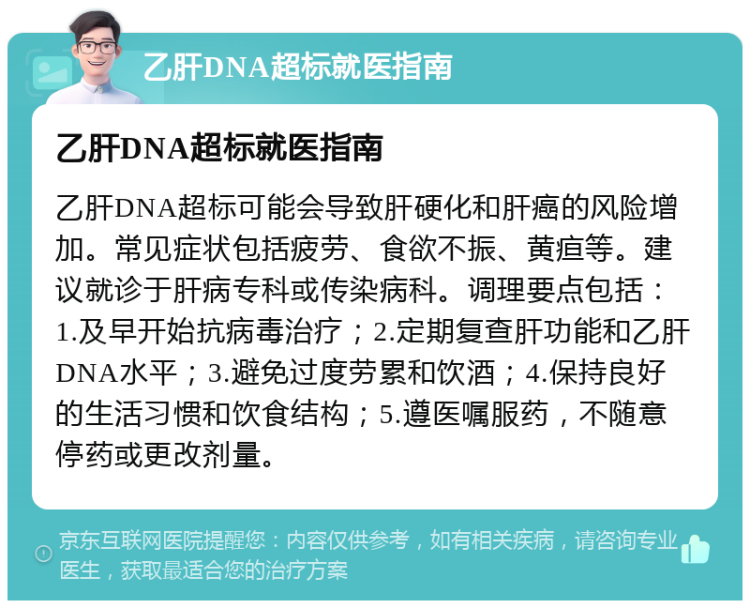 乙肝DNA超标就医指南 乙肝DNA超标就医指南 乙肝DNA超标可能会导致肝硬化和肝癌的风险增加。常见症状包括疲劳、食欲不振、黄疸等。建议就诊于肝病专科或传染病科。调理要点包括：1.及早开始抗病毒治疗；2.定期复查肝功能和乙肝DNA水平；3.避免过度劳累和饮酒；4.保持良好的生活习惯和饮食结构；5.遵医嘱服药，不随意停药或更改剂量。