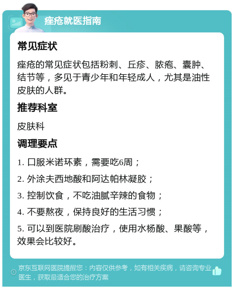 痤疮就医指南 常见症状 痤疮的常见症状包括粉刺、丘疹、脓疱、囊肿、结节等，多见于青少年和年轻成人，尤其是油性皮肤的人群。 推荐科室 皮肤科 调理要点 1. 口服米诺环素，需要吃6周； 2. 外涂夫西地酸和阿达帕林凝胶； 3. 控制饮食，不吃油腻辛辣的食物； 4. 不要熬夜，保持良好的生活习惯； 5. 可以到医院刷酸治疗，使用水杨酸、果酸等，效果会比较好。