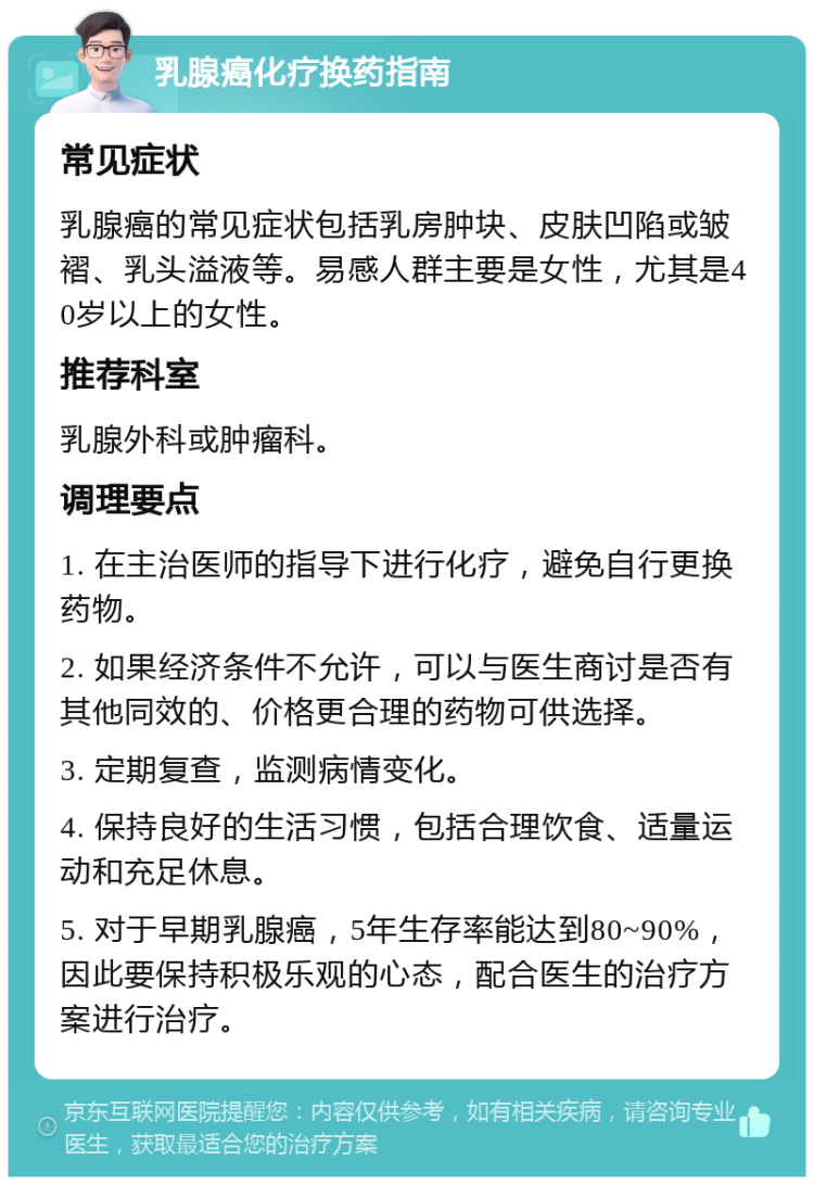 乳腺癌化疗换药指南 常见症状 乳腺癌的常见症状包括乳房肿块、皮肤凹陷或皱褶、乳头溢液等。易感人群主要是女性，尤其是40岁以上的女性。 推荐科室 乳腺外科或肿瘤科。 调理要点 1. 在主治医师的指导下进行化疗，避免自行更换药物。 2. 如果经济条件不允许，可以与医生商讨是否有其他同效的、价格更合理的药物可供选择。 3. 定期复查，监测病情变化。 4. 保持良好的生活习惯，包括合理饮食、适量运动和充足休息。 5. 对于早期乳腺癌，5年生存率能达到80~90%，因此要保持积极乐观的心态，配合医生的治疗方案进行治疗。