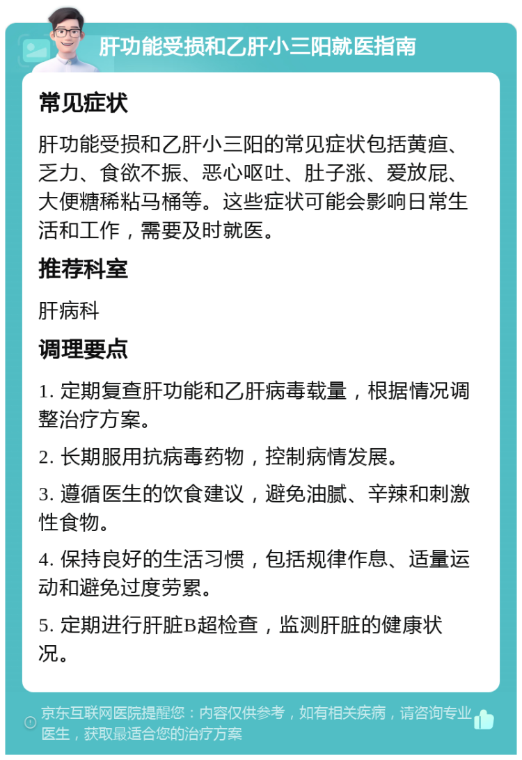 肝功能受损和乙肝小三阳就医指南 常见症状 肝功能受损和乙肝小三阳的常见症状包括黄疸、乏力、食欲不振、恶心呕吐、肚子涨、爱放屁、大便糖稀粘马桶等。这些症状可能会影响日常生活和工作，需要及时就医。 推荐科室 肝病科 调理要点 1. 定期复查肝功能和乙肝病毒载量，根据情况调整治疗方案。 2. 长期服用抗病毒药物，控制病情发展。 3. 遵循医生的饮食建议，避免油腻、辛辣和刺激性食物。 4. 保持良好的生活习惯，包括规律作息、适量运动和避免过度劳累。 5. 定期进行肝脏B超检查，监测肝脏的健康状况。