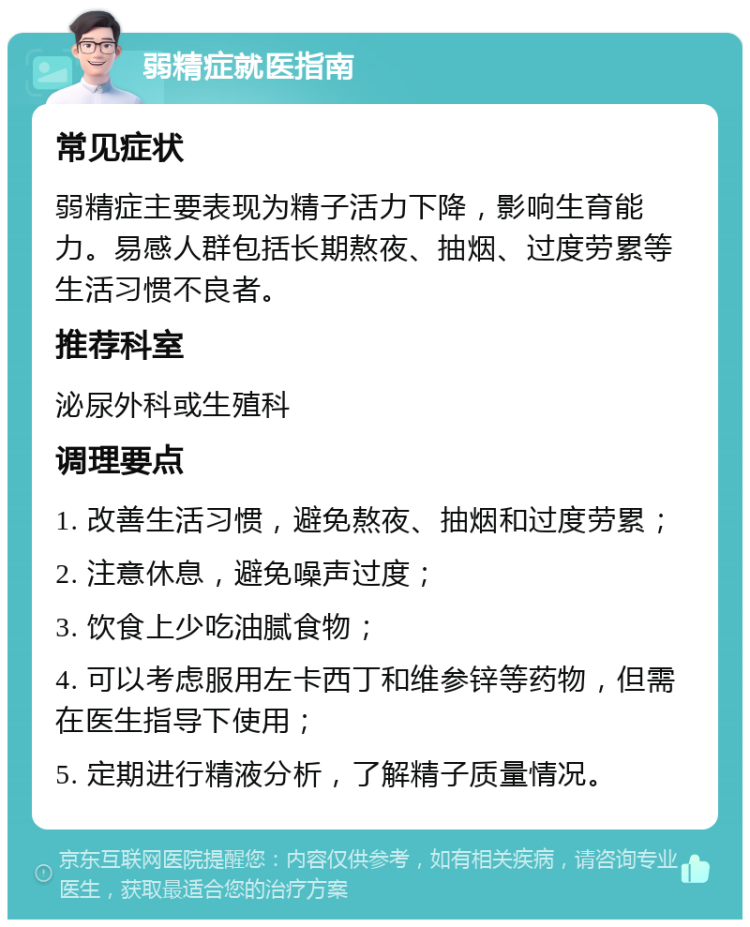 弱精症就医指南 常见症状 弱精症主要表现为精子活力下降，影响生育能力。易感人群包括长期熬夜、抽烟、过度劳累等生活习惯不良者。 推荐科室 泌尿外科或生殖科 调理要点 1. 改善生活习惯，避免熬夜、抽烟和过度劳累； 2. 注意休息，避免噪声过度； 3. 饮食上少吃油腻食物； 4. 可以考虑服用左卡西丁和维参锌等药物，但需在医生指导下使用； 5. 定期进行精液分析，了解精子质量情况。