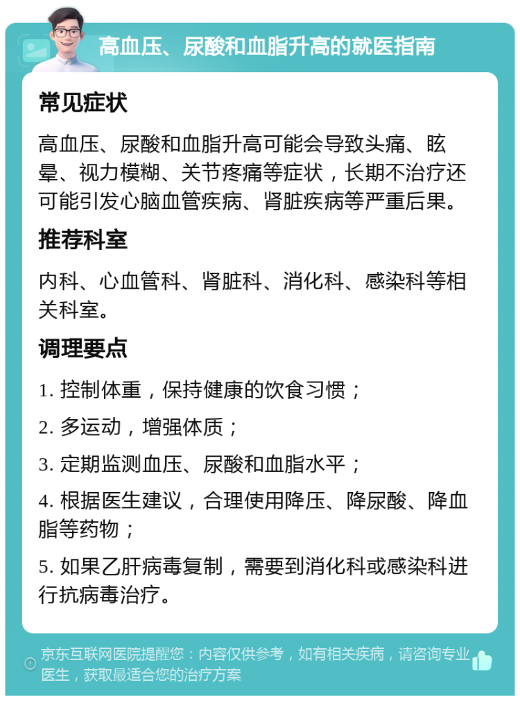 高血压、尿酸和血脂升高的就医指南 常见症状 高血压、尿酸和血脂升高可能会导致头痛、眩晕、视力模糊、关节疼痛等症状，长期不治疗还可能引发心脑血管疾病、肾脏疾病等严重后果。 推荐科室 内科、心血管科、肾脏科、消化科、感染科等相关科室。 调理要点 1. 控制体重，保持健康的饮食习惯； 2. 多运动，增强体质； 3. 定期监测血压、尿酸和血脂水平； 4. 根据医生建议，合理使用降压、降尿酸、降血脂等药物； 5. 如果乙肝病毒复制，需要到消化科或感染科进行抗病毒治疗。