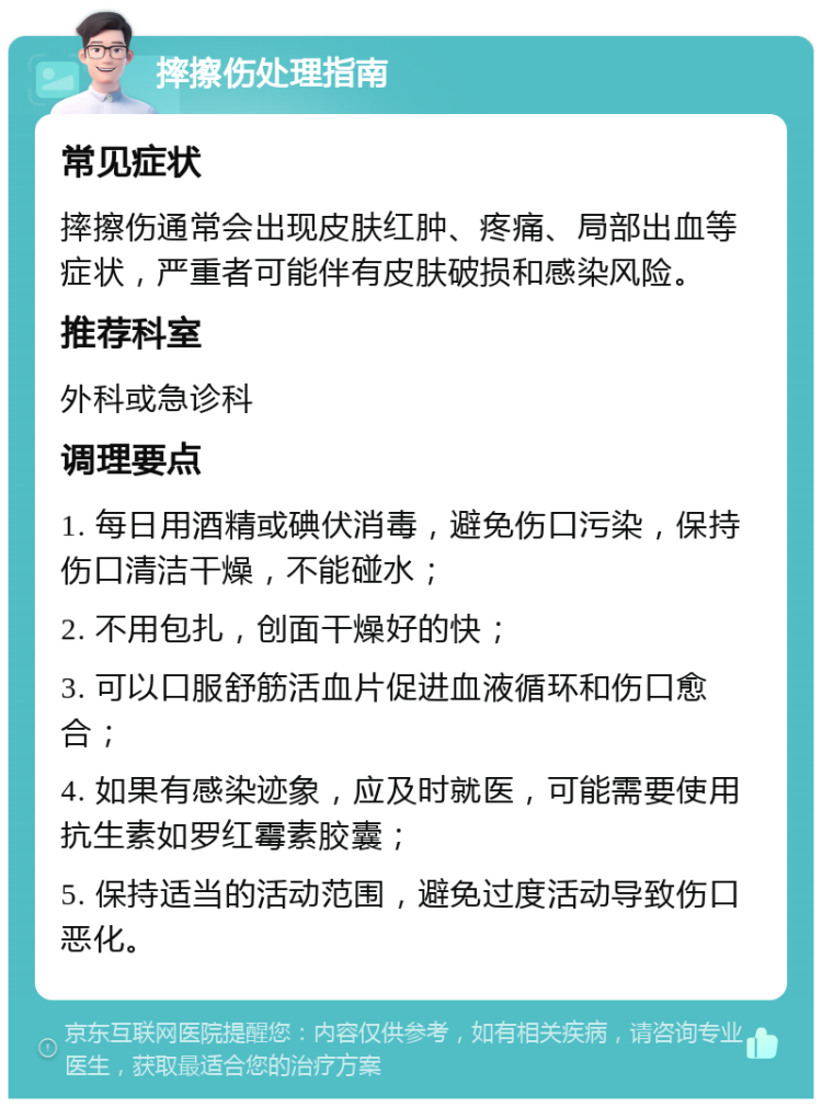 摔擦伤处理指南 常见症状 摔擦伤通常会出现皮肤红肿、疼痛、局部出血等症状，严重者可能伴有皮肤破损和感染风险。 推荐科室 外科或急诊科 调理要点 1. 每日用酒精或碘伏消毒，避免伤口污染，保持伤口清洁干燥，不能碰水； 2. 不用包扎，创面干燥好的快； 3. 可以口服舒筋活血片促进血液循环和伤口愈合； 4. 如果有感染迹象，应及时就医，可能需要使用抗生素如罗红霉素胶囊； 5. 保持适当的活动范围，避免过度活动导致伤口恶化。