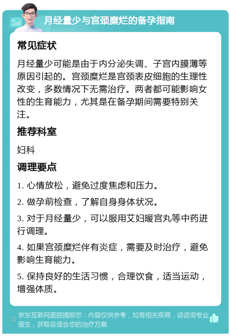 月经量少与宫颈糜烂的备孕指南 常见症状 月经量少可能是由于内分泌失调、子宫内膜薄等原因引起的。宫颈糜烂是宫颈表皮细胞的生理性改变，多数情况下无需治疗。两者都可能影响女性的生育能力，尤其是在备孕期间需要特别关注。 推荐科室 妇科 调理要点 1. 心情放松，避免过度焦虑和压力。 2. 做孕前检查，了解自身身体状况。 3. 对于月经量少，可以服用艾妇暖宫丸等中药进行调理。 4. 如果宫颈糜烂伴有炎症，需要及时治疗，避免影响生育能力。 5. 保持良好的生活习惯，合理饮食，适当运动，增强体质。