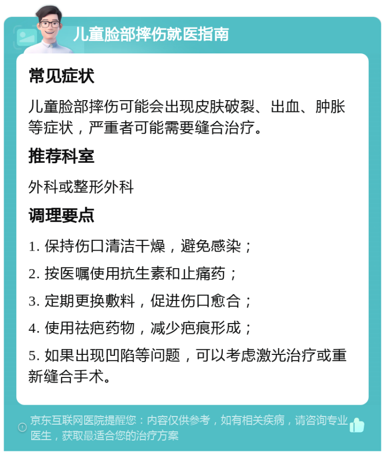 儿童脸部摔伤就医指南 常见症状 儿童脸部摔伤可能会出现皮肤破裂、出血、肿胀等症状，严重者可能需要缝合治疗。 推荐科室 外科或整形外科 调理要点 1. 保持伤口清洁干燥，避免感染； 2. 按医嘱使用抗生素和止痛药； 3. 定期更换敷料，促进伤口愈合； 4. 使用祛疤药物，减少疤痕形成； 5. 如果出现凹陷等问题，可以考虑激光治疗或重新缝合手术。