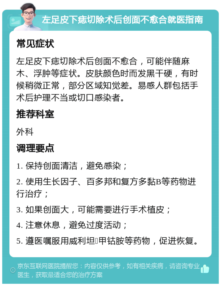 左足皮下痣切除术后创面不愈合就医指南 常见症状 左足皮下痣切除术后创面不愈合，可能伴随麻木、浮肿等症状。皮肤颜色时而发黑干硬，有时候稍微正常，部分区域知觉差。易感人群包括手术后护理不当或切口感染者。 推荐科室 外科 调理要点 1. 保持创面清洁，避免感染； 2. 使用生长因子、百多邦和复方多黏B等药物进行治疗； 3. 如果创面大，可能需要进行手术植皮； 4. 注意休息，避免过度活动； 5. 遵医嘱服用威利坦➕甲钴胺等药物，促进恢复。