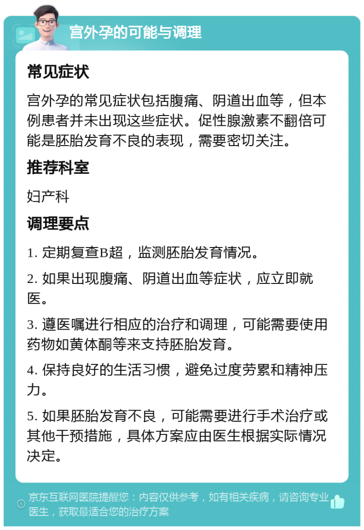 宫外孕的可能与调理 常见症状 宫外孕的常见症状包括腹痛、阴道出血等，但本例患者并未出现这些症状。促性腺激素不翻倍可能是胚胎发育不良的表现，需要密切关注。 推荐科室 妇产科 调理要点 1. 定期复查B超，监测胚胎发育情况。 2. 如果出现腹痛、阴道出血等症状，应立即就医。 3. 遵医嘱进行相应的治疗和调理，可能需要使用药物如黄体酮等来支持胚胎发育。 4. 保持良好的生活习惯，避免过度劳累和精神压力。 5. 如果胚胎发育不良，可能需要进行手术治疗或其他干预措施，具体方案应由医生根据实际情况决定。