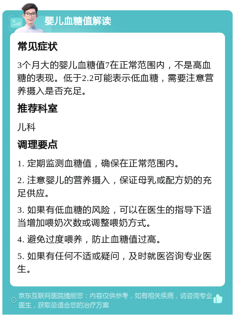 婴儿血糖值解读 常见症状 3个月大的婴儿血糖值7在正常范围内，不是高血糖的表现。低于2.2可能表示低血糖，需要注意营养摄入是否充足。 推荐科室 儿科 调理要点 1. 定期监测血糖值，确保在正常范围内。 2. 注意婴儿的营养摄入，保证母乳或配方奶的充足供应。 3. 如果有低血糖的风险，可以在医生的指导下适当增加喂奶次数或调整喂奶方式。 4. 避免过度喂养，防止血糖值过高。 5. 如果有任何不适或疑问，及时就医咨询专业医生。