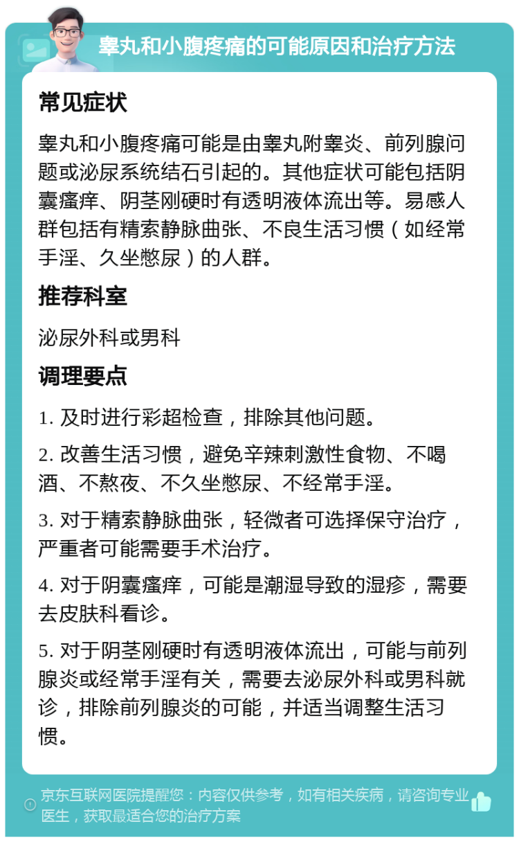 睾丸和小腹疼痛的可能原因和治疗方法 常见症状 睾丸和小腹疼痛可能是由睾丸附睾炎、前列腺问题或泌尿系统结石引起的。其他症状可能包括阴囊瘙痒、阴茎刚硬时有透明液体流出等。易感人群包括有精索静脉曲张、不良生活习惯（如经常手淫、久坐憋尿）的人群。 推荐科室 泌尿外科或男科 调理要点 1. 及时进行彩超检查，排除其他问题。 2. 改善生活习惯，避免辛辣刺激性食物、不喝酒、不熬夜、不久坐憋尿、不经常手淫。 3. 对于精索静脉曲张，轻微者可选择保守治疗，严重者可能需要手术治疗。 4. 对于阴囊瘙痒，可能是潮湿导致的湿疹，需要去皮肤科看诊。 5. 对于阴茎刚硬时有透明液体流出，可能与前列腺炎或经常手淫有关，需要去泌尿外科或男科就诊，排除前列腺炎的可能，并适当调整生活习惯。