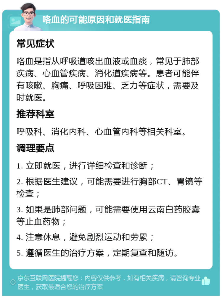 咯血的可能原因和就医指南 常见症状 咯血是指从呼吸道咳出血液或血痰，常见于肺部疾病、心血管疾病、消化道疾病等。患者可能伴有咳嗽、胸痛、呼吸困难、乏力等症状，需要及时就医。 推荐科室 呼吸科、消化内科、心血管内科等相关科室。 调理要点 1. 立即就医，进行详细检查和诊断； 2. 根据医生建议，可能需要进行胸部CT、胃镜等检查； 3. 如果是肺部问题，可能需要使用云南白药胶囊等止血药物； 4. 注意休息，避免剧烈运动和劳累； 5. 遵循医生的治疗方案，定期复查和随访。