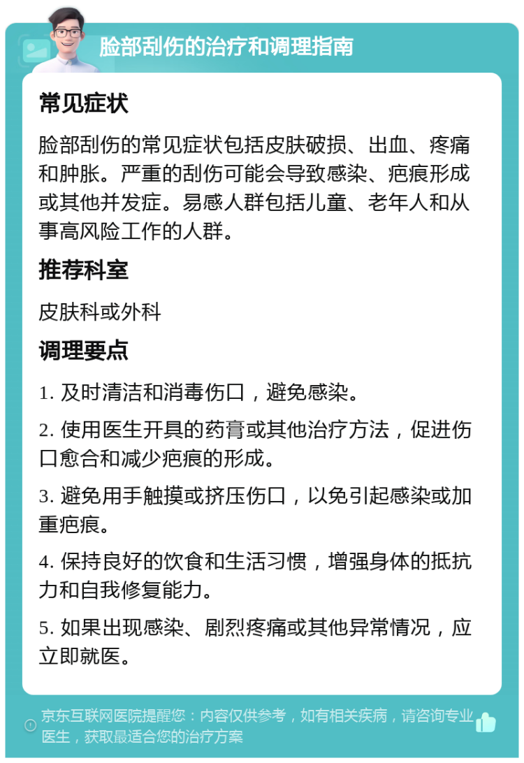 脸部刮伤的治疗和调理指南 常见症状 脸部刮伤的常见症状包括皮肤破损、出血、疼痛和肿胀。严重的刮伤可能会导致感染、疤痕形成或其他并发症。易感人群包括儿童、老年人和从事高风险工作的人群。 推荐科室 皮肤科或外科 调理要点 1. 及时清洁和消毒伤口，避免感染。 2. 使用医生开具的药膏或其他治疗方法，促进伤口愈合和减少疤痕的形成。 3. 避免用手触摸或挤压伤口，以免引起感染或加重疤痕。 4. 保持良好的饮食和生活习惯，增强身体的抵抗力和自我修复能力。 5. 如果出现感染、剧烈疼痛或其他异常情况，应立即就医。