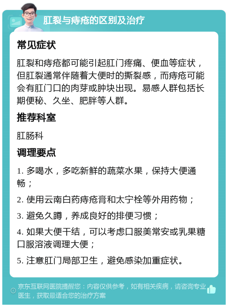 肛裂与痔疮的区别及治疗 常见症状 肛裂和痔疮都可能引起肛门疼痛、便血等症状，但肛裂通常伴随着大便时的撕裂感，而痔疮可能会有肛门口的肉芽或肿块出现。易感人群包括长期便秘、久坐、肥胖等人群。 推荐科室 肛肠科 调理要点 1. 多喝水，多吃新鲜的蔬菜水果，保持大便通畅； 2. 使用云南白药痔疮膏和太宁栓等外用药物； 3. 避免久蹲，养成良好的排便习惯； 4. 如果大便干结，可以考虑口服美常安或乳果糖口服溶液调理大便； 5. 注意肛门局部卫生，避免感染加重症状。