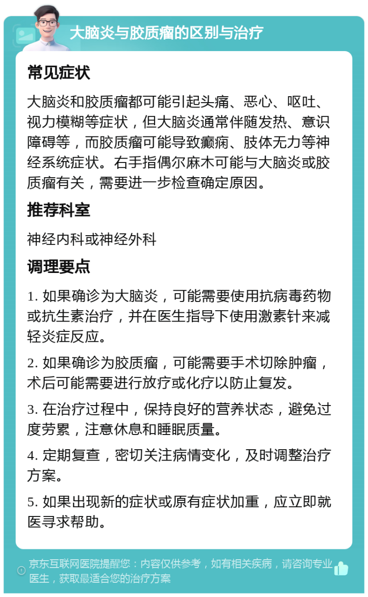 大脑炎与胶质瘤的区别与治疗 常见症状 大脑炎和胶质瘤都可能引起头痛、恶心、呕吐、视力模糊等症状，但大脑炎通常伴随发热、意识障碍等，而胶质瘤可能导致癫痫、肢体无力等神经系统症状。右手指偶尔麻木可能与大脑炎或胶质瘤有关，需要进一步检查确定原因。 推荐科室 神经内科或神经外科 调理要点 1. 如果确诊为大脑炎，可能需要使用抗病毒药物或抗生素治疗，并在医生指导下使用激素针来减轻炎症反应。 2. 如果确诊为胶质瘤，可能需要手术切除肿瘤，术后可能需要进行放疗或化疗以防止复发。 3. 在治疗过程中，保持良好的营养状态，避免过度劳累，注意休息和睡眠质量。 4. 定期复查，密切关注病情变化，及时调整治疗方案。 5. 如果出现新的症状或原有症状加重，应立即就医寻求帮助。