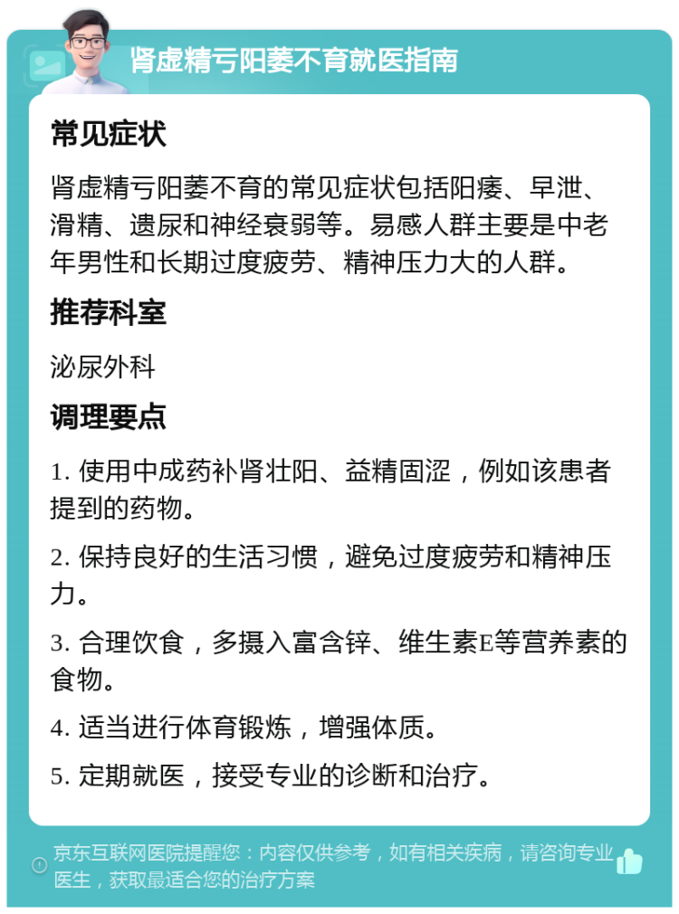 肾虚精亏阳萎不育就医指南 常见症状 肾虚精亏阳萎不育的常见症状包括阳痿、早泄、滑精、遗尿和神经衰弱等。易感人群主要是中老年男性和长期过度疲劳、精神压力大的人群。 推荐科室 泌尿外科 调理要点 1. 使用中成药补肾壮阳、益精固涩，例如该患者提到的药物。 2. 保持良好的生活习惯，避免过度疲劳和精神压力。 3. 合理饮食，多摄入富含锌、维生素E等营养素的食物。 4. 适当进行体育锻炼，增强体质。 5. 定期就医，接受专业的诊断和治疗。