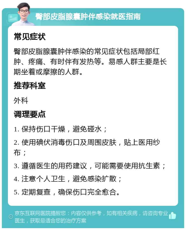 臀部皮脂腺囊肿伴感染就医指南 常见症状 臀部皮脂腺囊肿伴感染的常见症状包括局部红肿、疼痛、有时伴有发热等。易感人群主要是长期坐着或摩擦的人群。 推荐科室 外科 调理要点 1. 保持伤口干燥，避免碰水； 2. 使用碘伏消毒伤口及周围皮肤，贴上医用纱布； 3. 遵循医生的用药建议，可能需要使用抗生素； 4. 注意个人卫生，避免感染扩散； 5. 定期复查，确保伤口完全愈合。