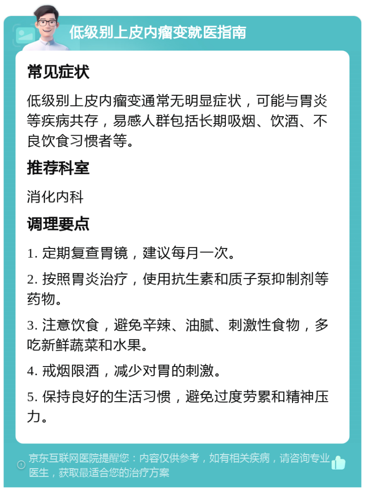 低级别上皮内瘤变就医指南 常见症状 低级别上皮内瘤变通常无明显症状，可能与胃炎等疾病共存，易感人群包括长期吸烟、饮酒、不良饮食习惯者等。 推荐科室 消化内科 调理要点 1. 定期复查胃镜，建议每月一次。 2. 按照胃炎治疗，使用抗生素和质子泵抑制剂等药物。 3. 注意饮食，避免辛辣、油腻、刺激性食物，多吃新鲜蔬菜和水果。 4. 戒烟限酒，减少对胃的刺激。 5. 保持良好的生活习惯，避免过度劳累和精神压力。