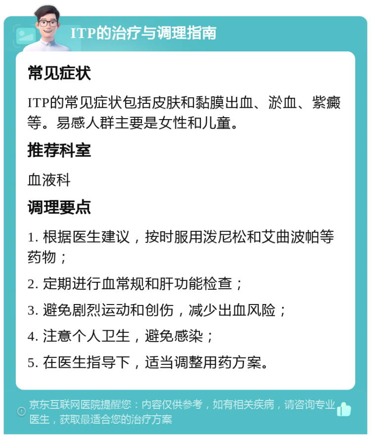 ITP的治疗与调理指南 常见症状 ITP的常见症状包括皮肤和黏膜出血、淤血、紫癜等。易感人群主要是女性和儿童。 推荐科室 血液科 调理要点 1. 根据医生建议，按时服用泼尼松和艾曲波帕等药物； 2. 定期进行血常规和肝功能检查； 3. 避免剧烈运动和创伤，减少出血风险； 4. 注意个人卫生，避免感染； 5. 在医生指导下，适当调整用药方案。