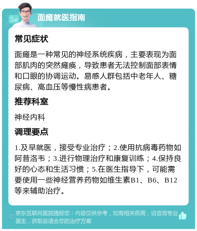 面瘫就医指南 常见症状 面瘫是一种常见的神经系统疾病，主要表现为面部肌肉的突然瘫痪，导致患者无法控制面部表情和口眼的协调运动。易感人群包括中老年人、糖尿病、高血压等慢性病患者。 推荐科室 神经内科 调理要点 1.及早就医，接受专业治疗；2.使用抗病毒药物如阿昔洛韦；3.进行物理治疗和康复训练；4.保持良好的心态和生活习惯；5.在医生指导下，可能需要使用一些神经营养药物如维生素B1、B6、B12等来辅助治疗。