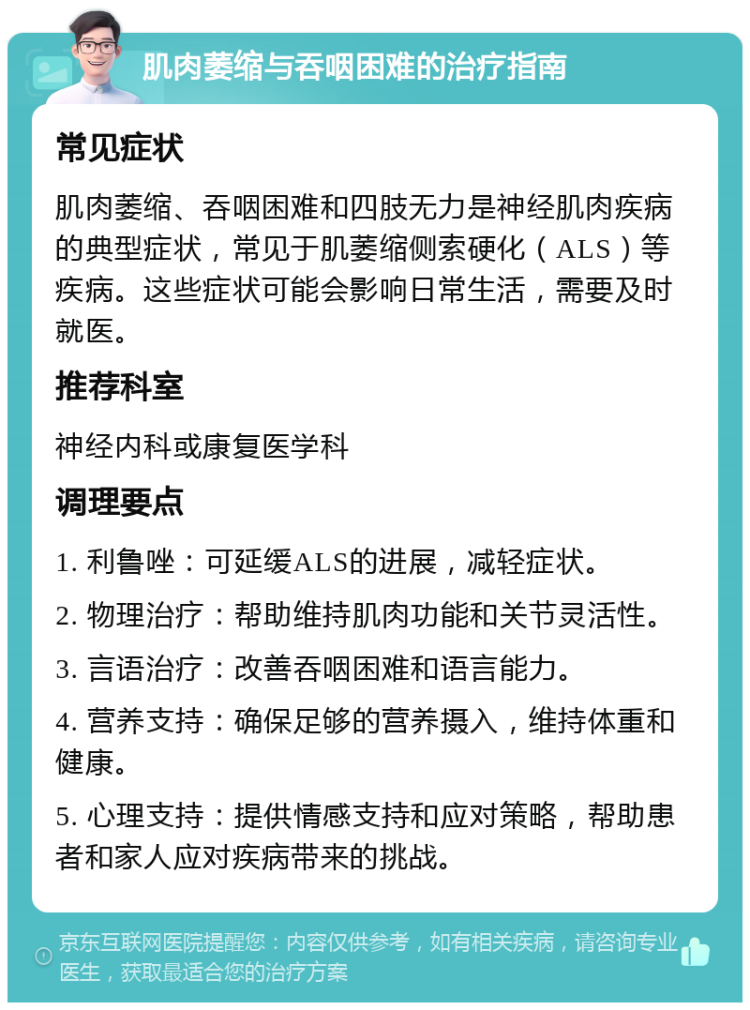 肌肉萎缩与吞咽困难的治疗指南 常见症状 肌肉萎缩、吞咽困难和四肢无力是神经肌肉疾病的典型症状，常见于肌萎缩侧索硬化（ALS）等疾病。这些症状可能会影响日常生活，需要及时就医。 推荐科室 神经内科或康复医学科 调理要点 1. 利鲁唑：可延缓ALS的进展，减轻症状。 2. 物理治疗：帮助维持肌肉功能和关节灵活性。 3. 言语治疗：改善吞咽困难和语言能力。 4. 营养支持：确保足够的营养摄入，维持体重和健康。 5. 心理支持：提供情感支持和应对策略，帮助患者和家人应对疾病带来的挑战。