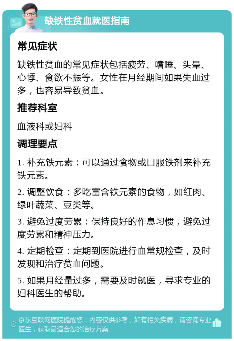 缺铁性贫血就医指南 常见症状 缺铁性贫血的常见症状包括疲劳、嗜睡、头晕、心悸、食欲不振等。女性在月经期间如果失血过多，也容易导致贫血。 推荐科室 血液科或妇科 调理要点 1. 补充铁元素：可以通过食物或口服铁剂来补充铁元素。 2. 调整饮食：多吃富含铁元素的食物，如红肉、绿叶蔬菜、豆类等。 3. 避免过度劳累：保持良好的作息习惯，避免过度劳累和精神压力。 4. 定期检查：定期到医院进行血常规检查，及时发现和治疗贫血问题。 5. 如果月经量过多，需要及时就医，寻求专业的妇科医生的帮助。