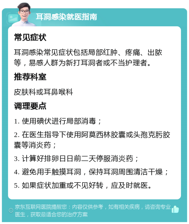 耳洞感染就医指南 常见症状 耳洞感染常见症状包括局部红肿、疼痛、出脓等，易感人群为新打耳洞者或不当护理者。 推荐科室 皮肤科或耳鼻喉科 调理要点 1. 使用碘伏进行局部消毒； 2. 在医生指导下使用阿莫西林胶囊或头孢克肟胶囊等消炎药； 3. 计算好排卵日日前二天停服消炎药； 4. 避免用手触摸耳洞，保持耳洞周围清洁干燥； 5. 如果症状加重或不见好转，应及时就医。