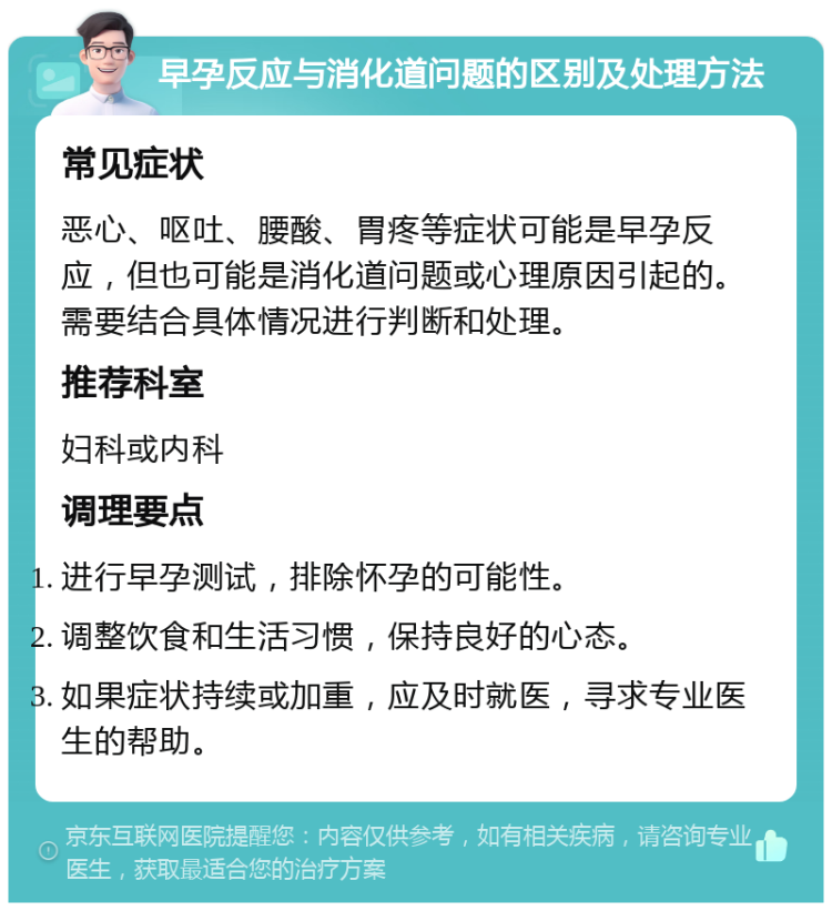 早孕反应与消化道问题的区别及处理方法 常见症状 恶心、呕吐、腰酸、胃疼等症状可能是早孕反应，但也可能是消化道问题或心理原因引起的。需要结合具体情况进行判断和处理。 推荐科室 妇科或内科 调理要点 进行早孕测试，排除怀孕的可能性。 调整饮食和生活习惯，保持良好的心态。 如果症状持续或加重，应及时就医，寻求专业医生的帮助。