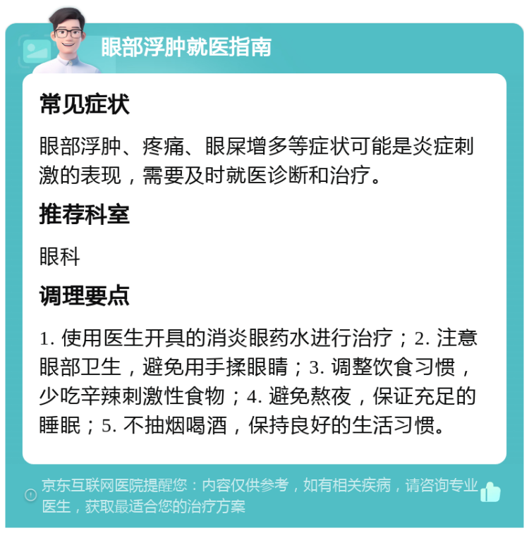 眼部浮肿就医指南 常见症状 眼部浮肿、疼痛、眼屎增多等症状可能是炎症刺激的表现，需要及时就医诊断和治疗。 推荐科室 眼科 调理要点 1. 使用医生开具的消炎眼药水进行治疗；2. 注意眼部卫生，避免用手揉眼睛；3. 调整饮食习惯，少吃辛辣刺激性食物；4. 避免熬夜，保证充足的睡眠；5. 不抽烟喝酒，保持良好的生活习惯。